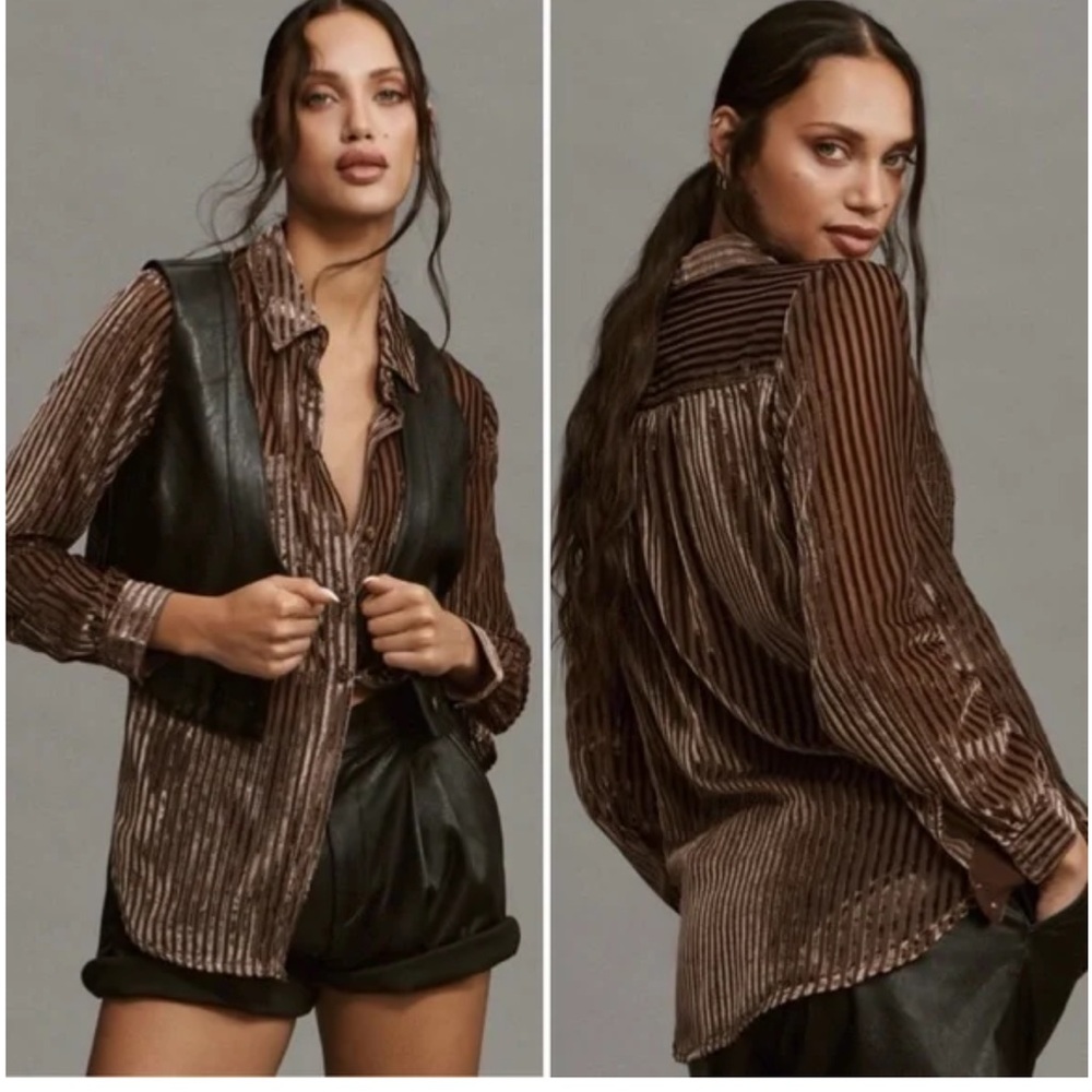 Pilcro velvet sheer burnout chocolate Brown Striped Shirt top sz M button front
